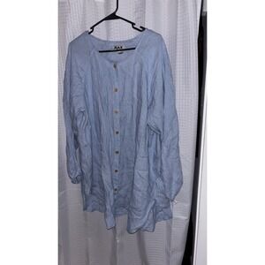 FLAX Designs Blue Linen Button Up T Shirt Dress Long Sleeve Boho Vintage Rare Lg